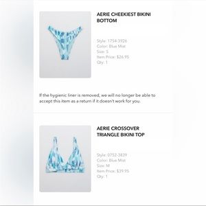 NWOT Aerie bikini set; size small bottom; size medium top.